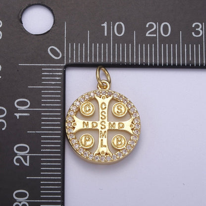 14K Gold Filled St. Benedict CSSML NDSMD Cross Micro Paved Shell Pearl Charm | C411