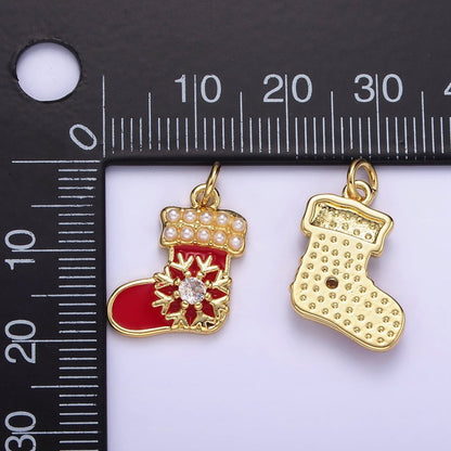 14K Gold Filled Snow CZ Pearl Lined Red Socks Stockings Charm | AG645