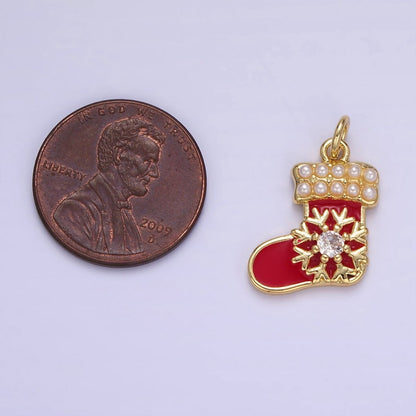 14K Gold Filled Snow CZ Pearl Lined Red Socks Stockings Charm | AG645