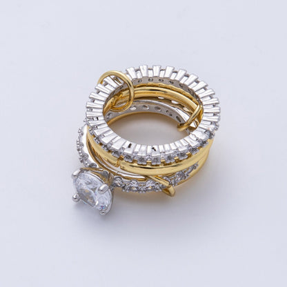 14K Gold Filled Solitaire Micro Paved CZ Interlock Stacked Mixed Metal Ring | O1678