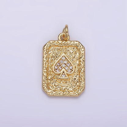 14K Gold Filled Spades Card Micro Paved CZ Hammered Rectangular Tag Charm | AG267