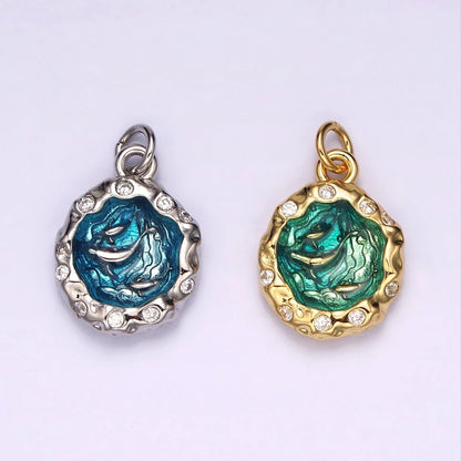 14K Gold Filled Teal Sea Ocean Triple Fish Whale Dolphin CZ Hammered Charm in Gold &amp; Silver | AG564