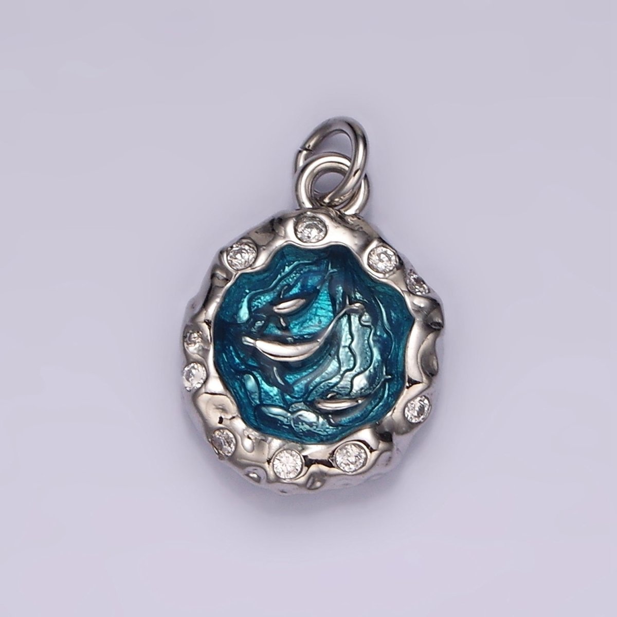 14K Gold Filled Teal Sea Ocean Triple Fish Whale Dolphin CZ Hammered Charm in Gold &amp; Silver | AG564