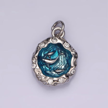 14K Gold Filled Teal Sea Ocean Triple Fish Whale Dolphin CZ Hammered Charm in Gold &amp; Silver | AG564