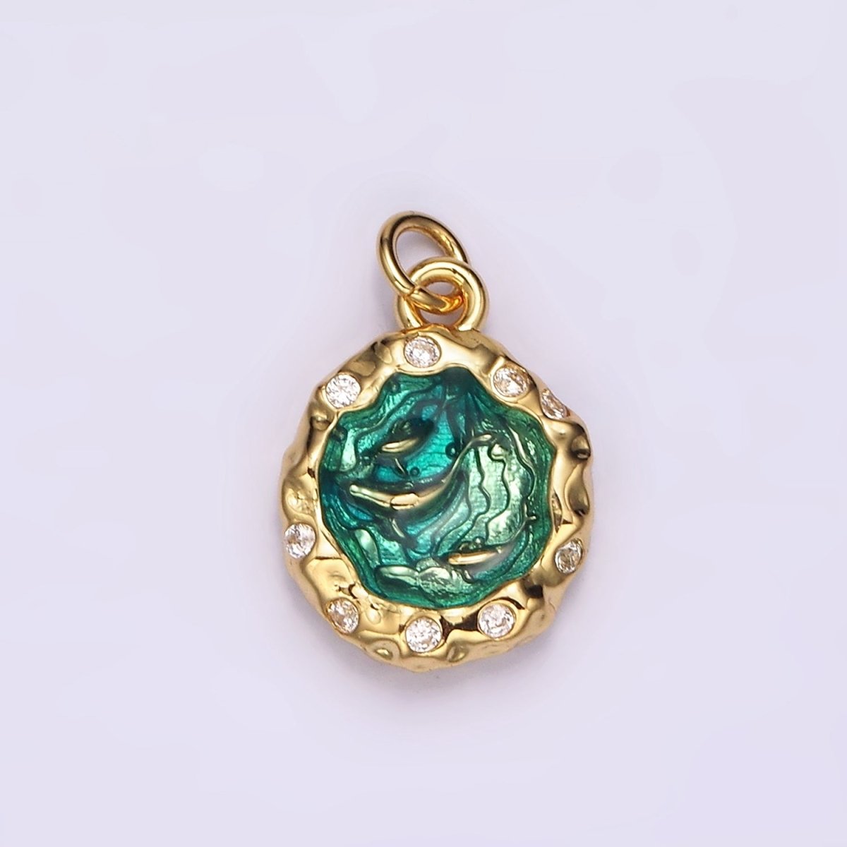 14K Gold Filled Teal Sea Ocean Triple Fish Whale Dolphin CZ Hammered Charm in Gold &amp; Silver | AG564