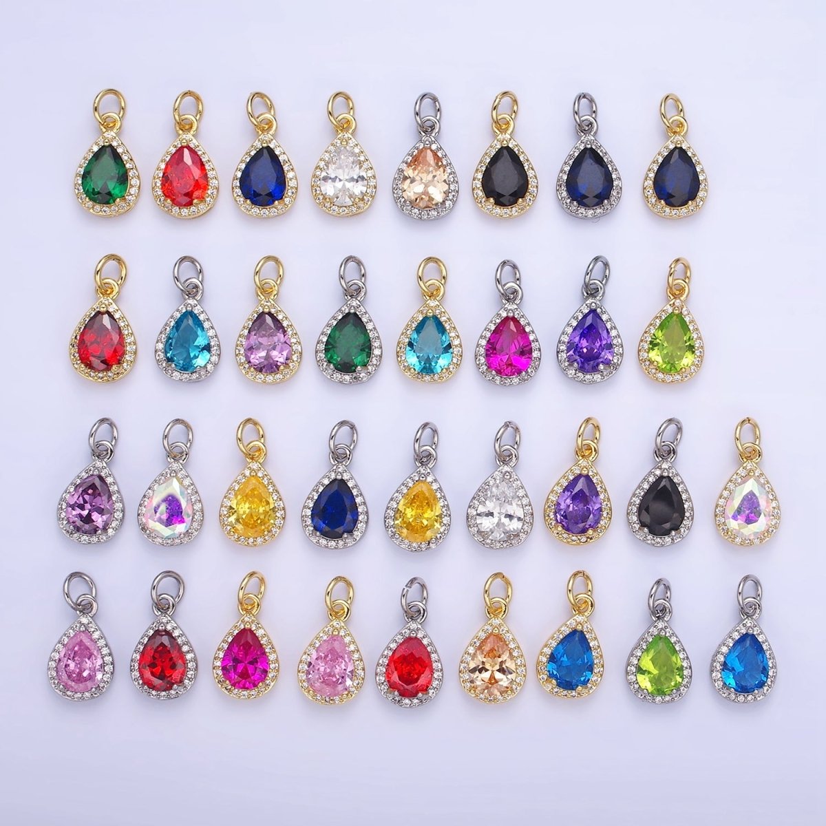 14K Gold Filled Teardrop CZ Micro Paved Birthstone Charm in Gold &amp; Silver | W704 - W720