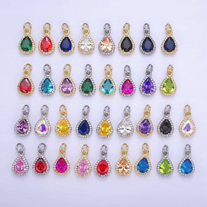 14K Gold Filled Teardrop CZ Micro Paved Birthstone Charm in Gold &amp; Silver | W704 - W720