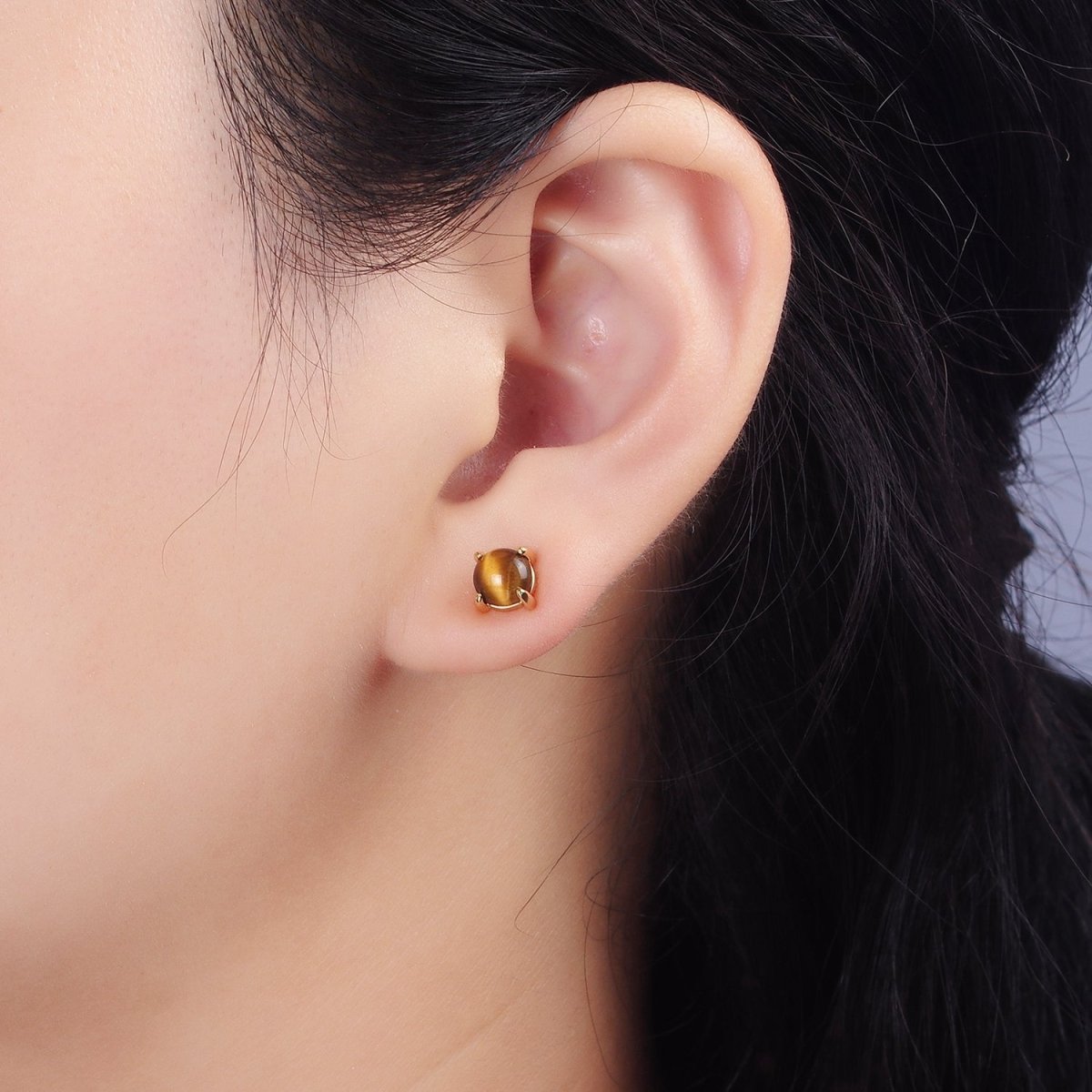14K Gold Filled Tiger Eye Gemstone Oval Minimalist Stud Earrings | AE115