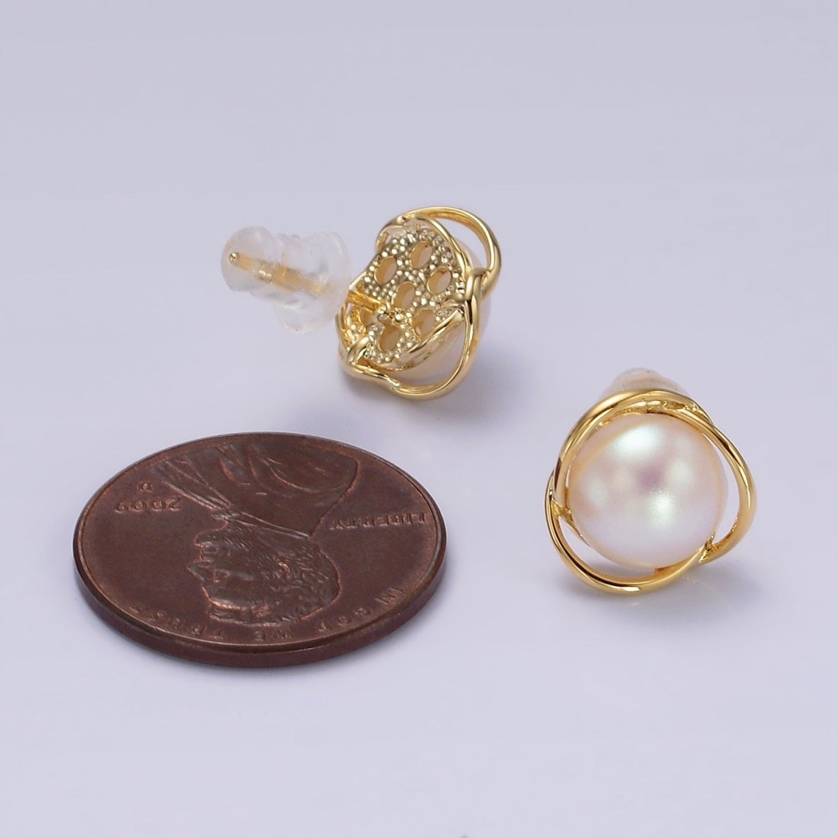 14K Gold Filled Triple Circular Band Iridescent Pearl Stud Earrings in Gold &amp; Silver | V269