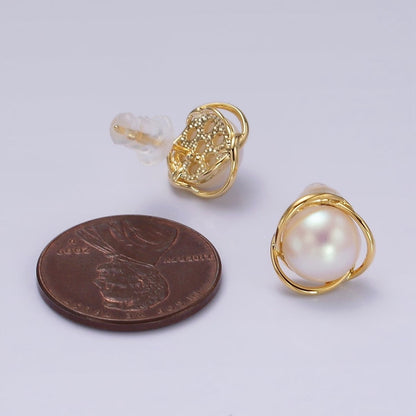 14K Gold Filled Triple Circular Band Iridescent Pearl Stud Earrings in Gold &amp; Silver | V269