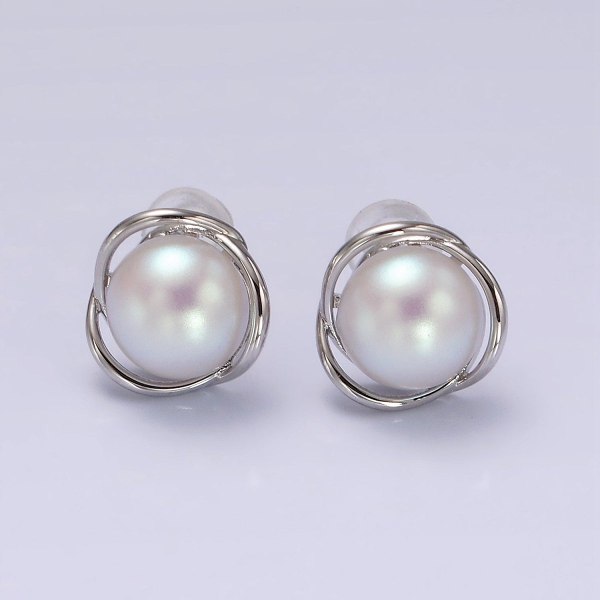 14K Gold Filled Triple Circular Band Iridescent Pearl Stud Earrings in Gold &amp; Silver | V269