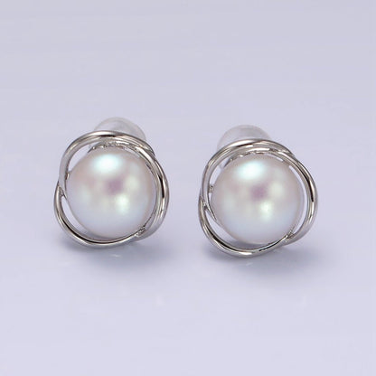 14K Gold Filled Triple Circular Band Iridescent Pearl Stud Earrings in Gold &amp; Silver | V269