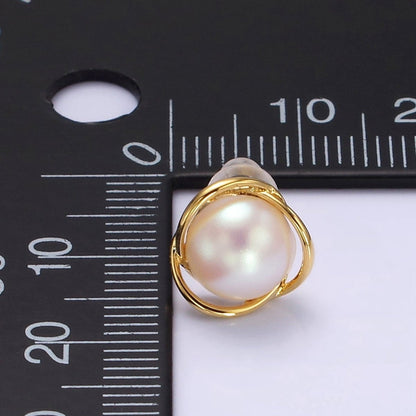 14K Gold Filled Triple Circular Band Iridescent Pearl Stud Earrings in Gold &amp; Silver | V269