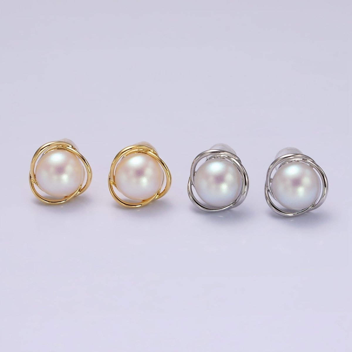 14K Gold Filled Triple Circular Band Iridescent Pearl Stud Earrings in Gold &amp; Silver | V269