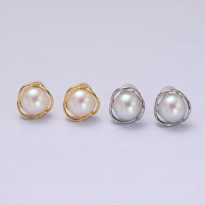 14K Gold Filled Triple Circular Band Iridescent Pearl Stud Earrings in Gold &amp; Silver | V269