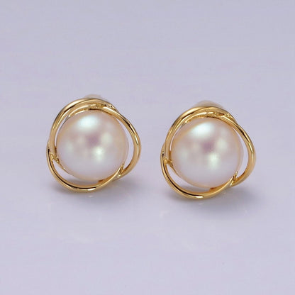 14K Gold Filled Triple Circular Band Iridescent Pearl Stud Earrings in Gold &amp; Silver | V269