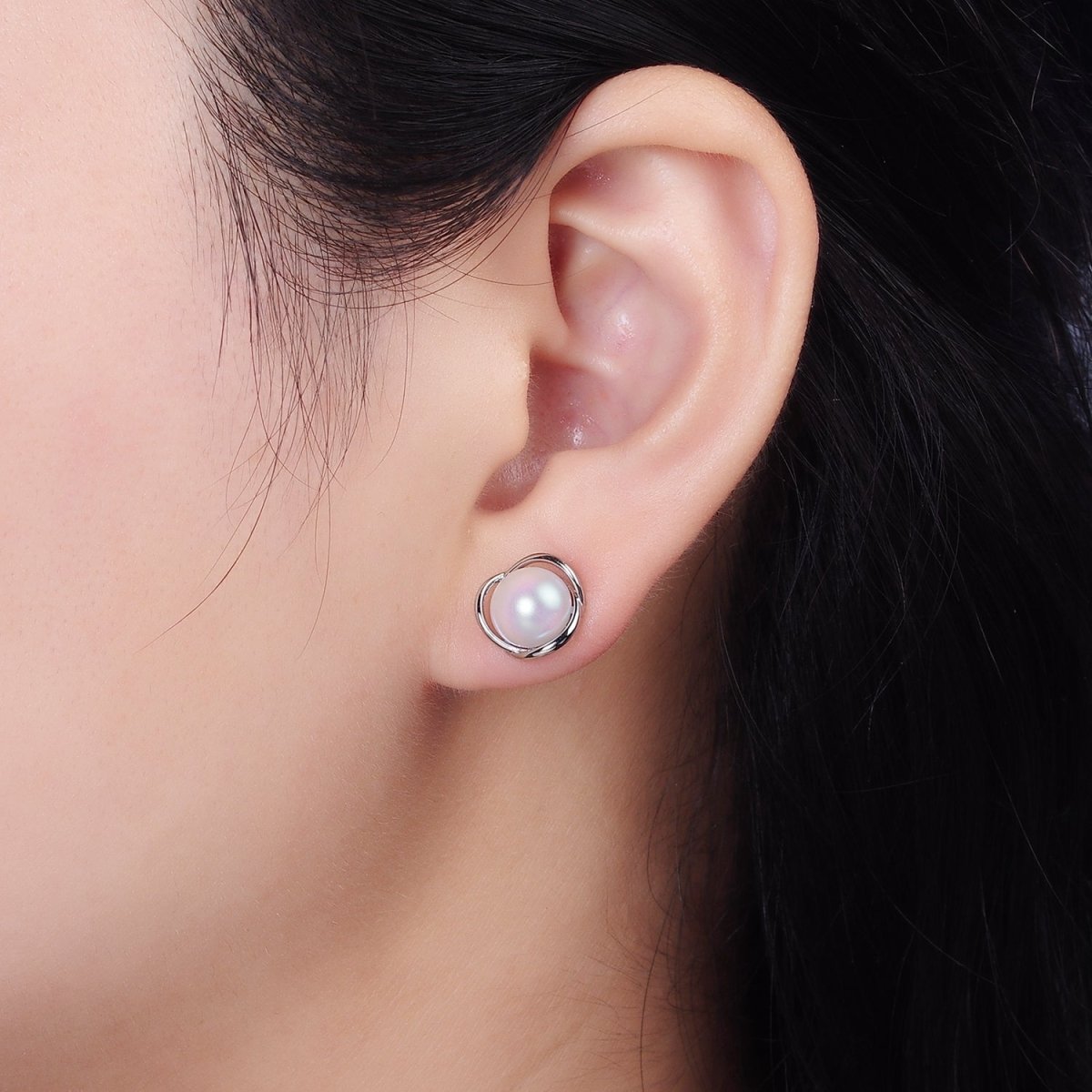 14K Gold Filled Triple Circular Band Iridescent Pearl Stud Earrings in Gold &amp; Silver | V269
