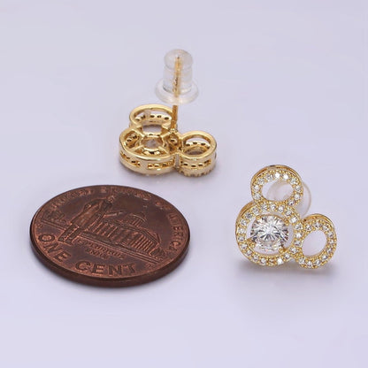 14K Gold Filled Triple Clear CZ Open Round Micro Paved Mouse Stud Earrings in Gold &amp; Silver | V468 V469