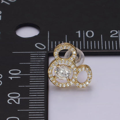 14K Gold Filled Triple Clear CZ Open Round Micro Paved Mouse Stud Earrings in Gold &amp; Silver | V468 V469