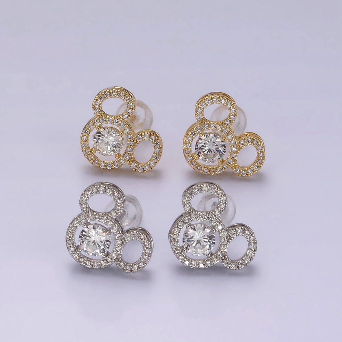 14K Gold Filled Triple Clear CZ Open Round Micro Paved Mouse Stud Earrings in Gold &amp; Silver | V468 V469