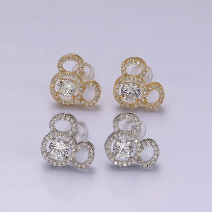 14K Gold Filled Triple Clear CZ Open Round Micro Paved Mouse Stud Earrings in Gold &amp; Silver | V468 V469