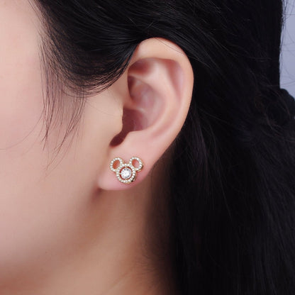 14K Gold Filled Triple Clear CZ Open Round Micro Paved Mouse Stud Earrings in Gold &amp; Silver | V468 V469