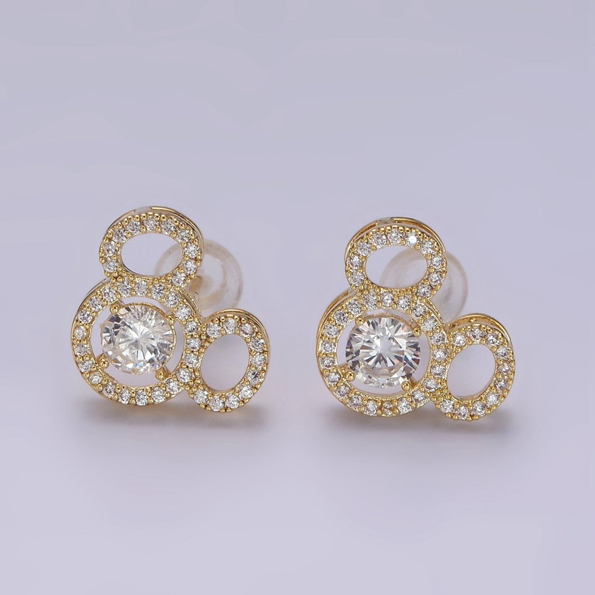 14K Gold Filled Triple Clear CZ Open Round Micro Paved Mouse Stud Earrings in Gold &amp; Silver | V468 V469