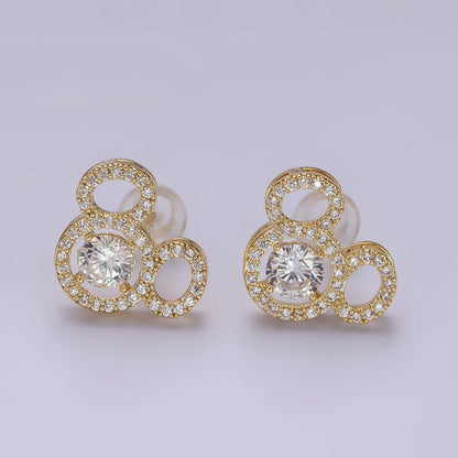 14K Gold Filled Triple Clear CZ Open Round Micro Paved Mouse Stud Earrings in Gold &amp; Silver | V468 V469