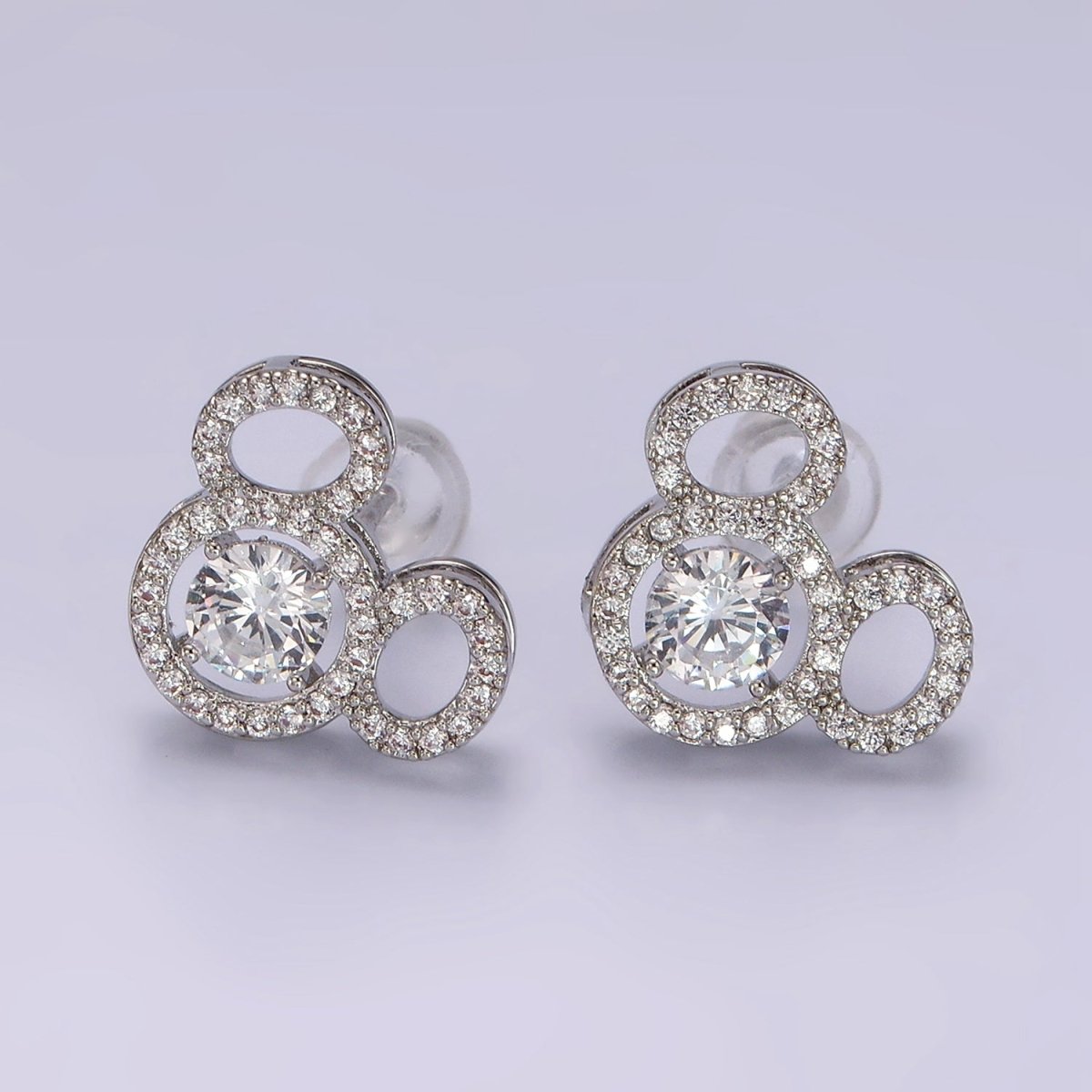 14K Gold Filled Triple Clear CZ Open Round Micro Paved Mouse Stud Earrings in Gold &amp; Silver | V468 V469