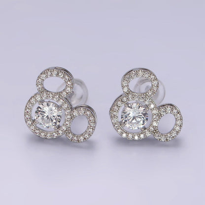 14K Gold Filled Triple Clear CZ Open Round Micro Paved Mouse Stud Earrings in Gold &amp; Silver | V468 V469