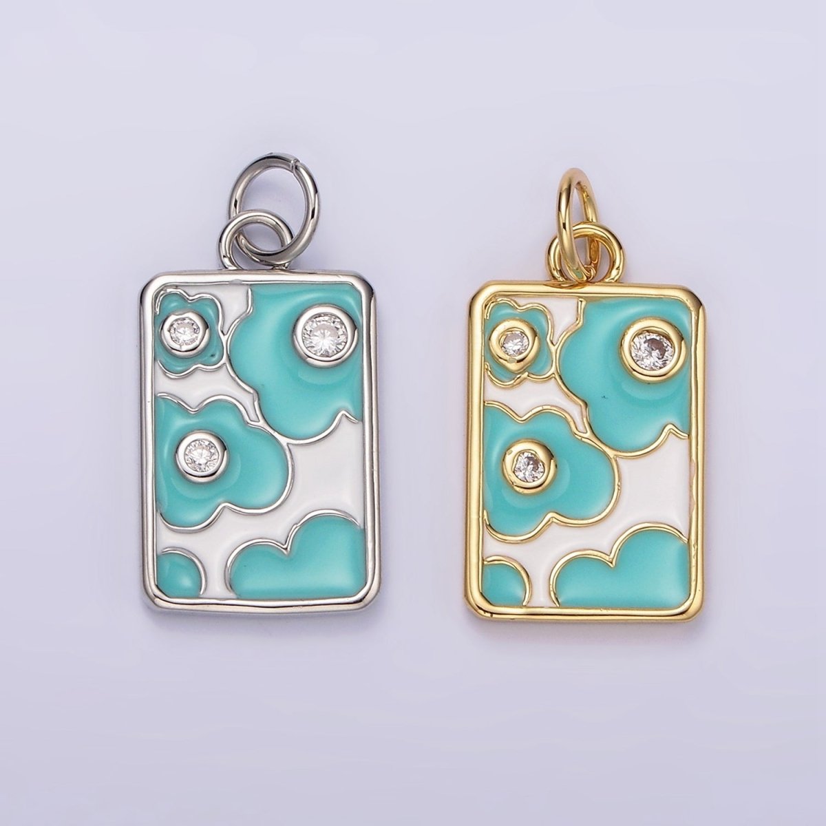 14K Gold Filled Triple Clear CZ Teal Flower Cloud Enamel Rectangular Charm in Gold &amp; Silver | N1547 N1548