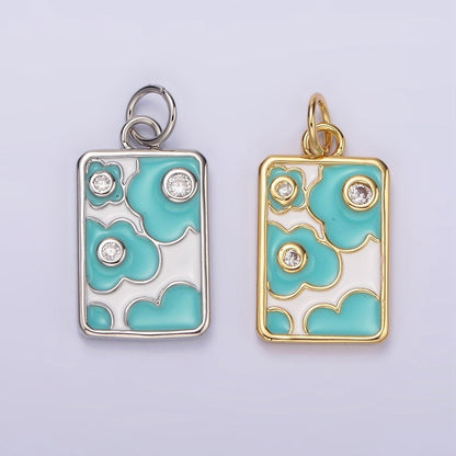 14K Gold Filled Triple Clear CZ Teal Flower Cloud Enamel Rectangular Charm in Gold &amp; Silver | N1547 N1548