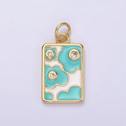 14K Gold Filled Triple Clear CZ Teal Flower Cloud Enamel Rectangular Charm in Gold &amp; Silver | N1547 N1548