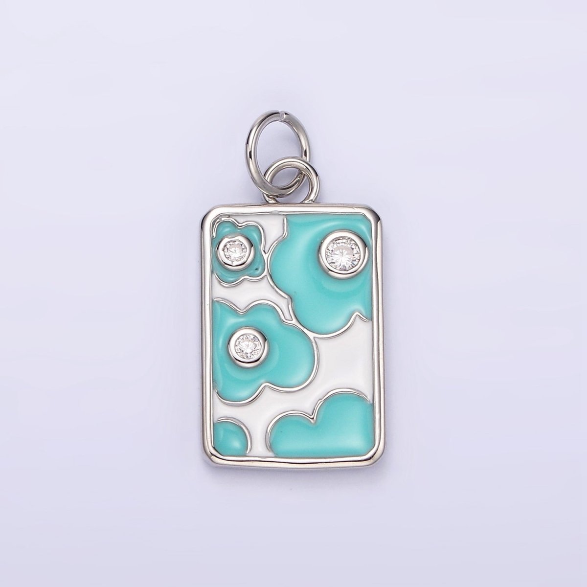14K Gold Filled Triple Clear CZ Teal Flower Cloud Enamel Rectangular Charm in Gold &amp; Silver | N1547 N1548