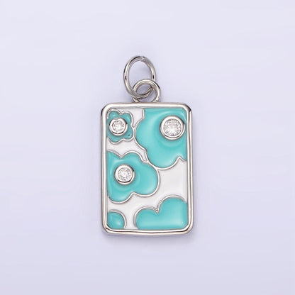 14K Gold Filled Triple Clear CZ Teal Flower Cloud Enamel Rectangular Charm in Gold &amp; Silver | N1547 N1548
