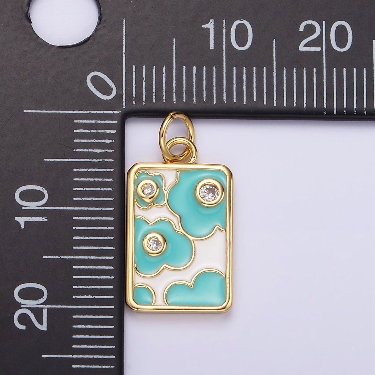 14K Gold Filled Triple Clear CZ Teal Flower Cloud Enamel Rectangular Charm in Gold &amp; Silver | N1547 N1548