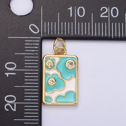 14K Gold Filled Triple Clear CZ Teal Flower Cloud Enamel Rectangular Charm in Gold &amp; Silver | N1547 N1548