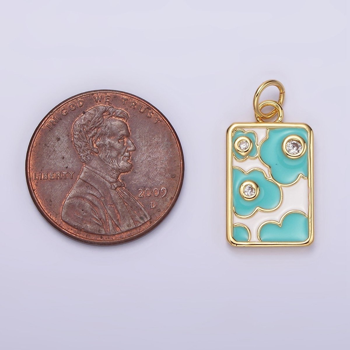 14K Gold Filled Triple Clear CZ Teal Flower Cloud Enamel Rectangular Charm in Gold &amp; Silver | N1547 N1548