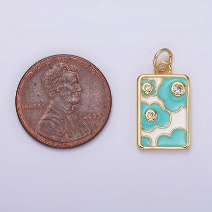 14K Gold Filled Triple Clear CZ Teal Flower Cloud Enamel Rectangular Charm in Gold &amp; Silver | N1547 N1548