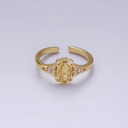 14K Gold Filled Triple CZ Mother Mary Lady Guadalupe Rounded Oval Ring | O1060