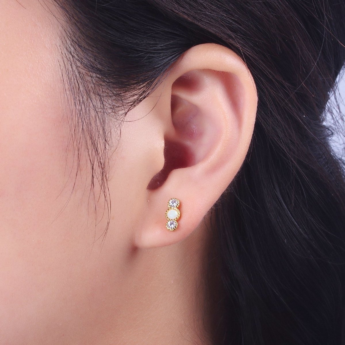 14K Gold Filled Triple Round White Opal Clear Cubic Zirconia Stud Earrings | AD-087