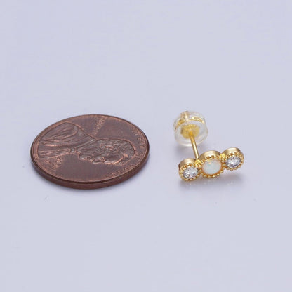 14K Gold Filled Triple Round White Opal Clear Cubic Zirconia Stud Earrings | AD-087