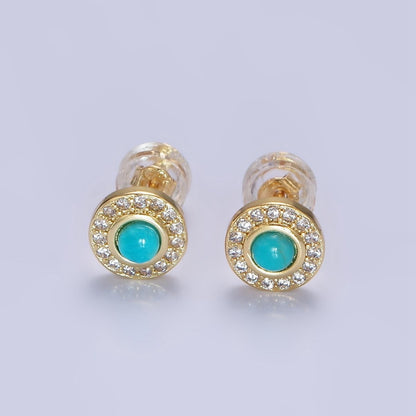 14K Gold Filled Turquoise Clear CZ Micro Paved Round Stud Earrings | P472
