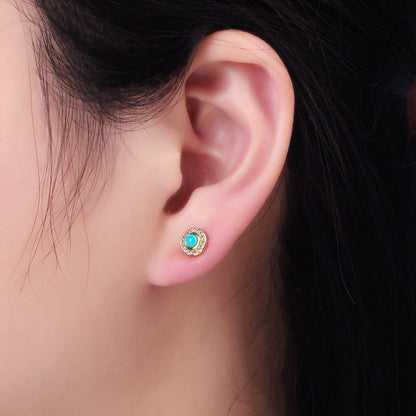 14K Gold Filled Turquoise Clear CZ Micro Paved Round Stud Earrings | P472