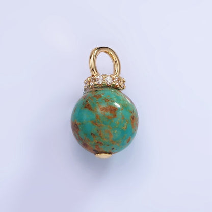 14K Gold Filled Turquoise, Fuchsite Green Gemstone Round Drop Micro Paved CZ Pendant | AG748 AG750