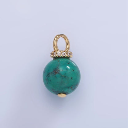 14K Gold Filled Turquoise, Fuchsite Green Gemstone Round Drop Micro Paved CZ Pendant | AG748 AG750