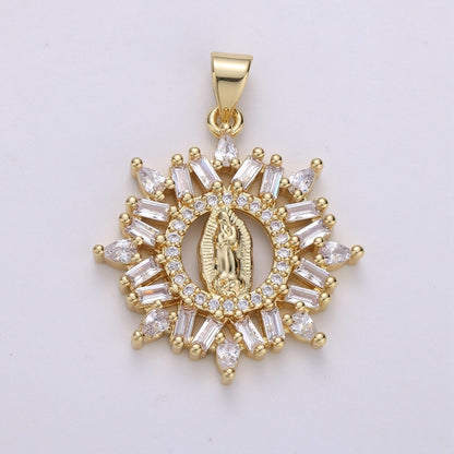 14K Gold Filled Virgin Mary Pendant, Cluster CZ Pendant Craft Supplies For Necklace Bracelet Jewelry Making Micro Pave Baguette Charm I-698