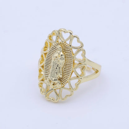 14K Gold Filled Virgin Mother Mary Religious Heart Adjustable Ring | O-166