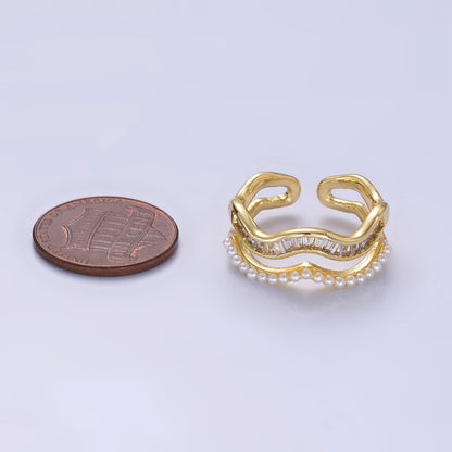 14K Gold Filled Wavy Baguette Pearl Double Band Ring | O094