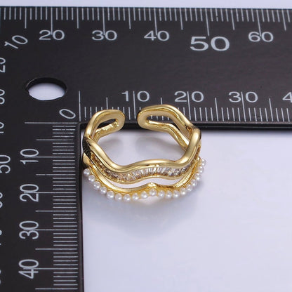 14K Gold Filled Wavy Baguette Pearl Double Band Ring | O094